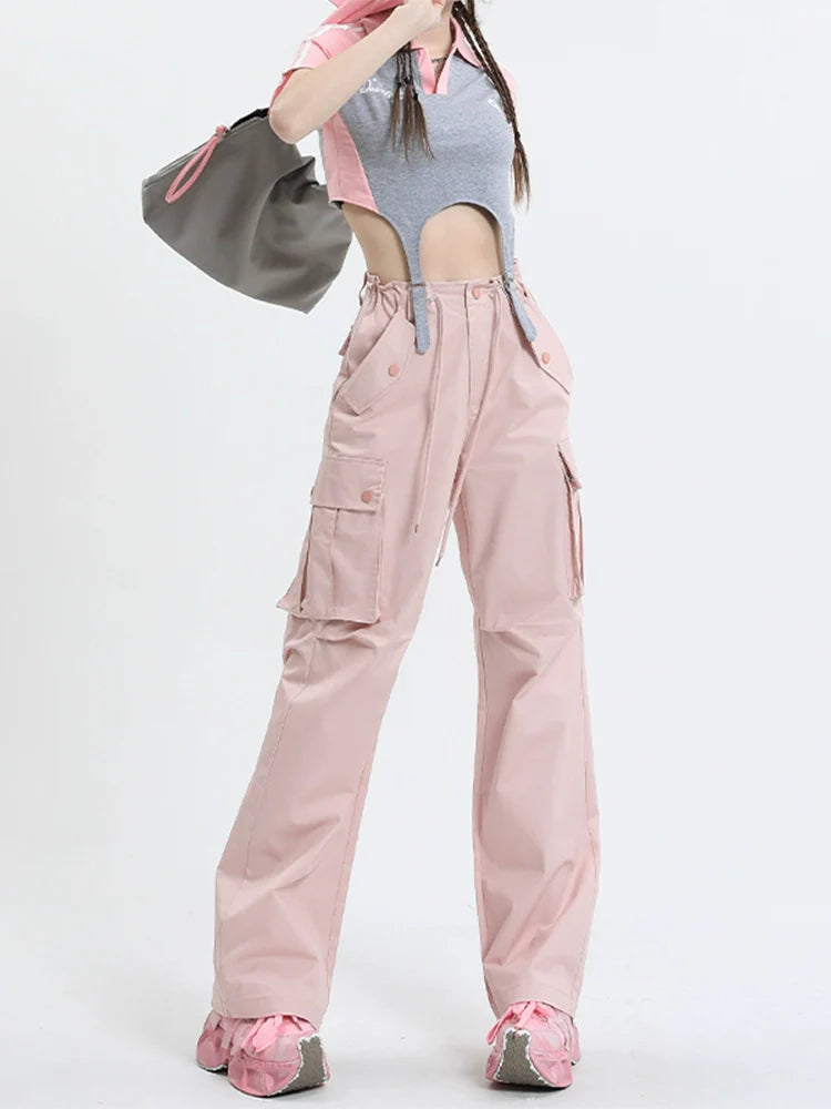 Qiyu Pink American High Waist Work Clothes Jeans for Women  Autumn New Short Straight Loose Trousers-0