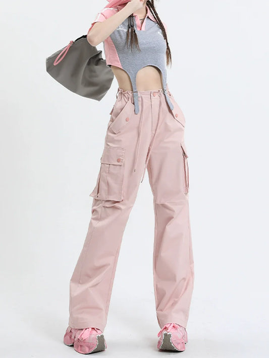 Qiyu Pink American High Waist Work Clothes Jeans for Women  Autumn New Short Straight Loose Trousers-0