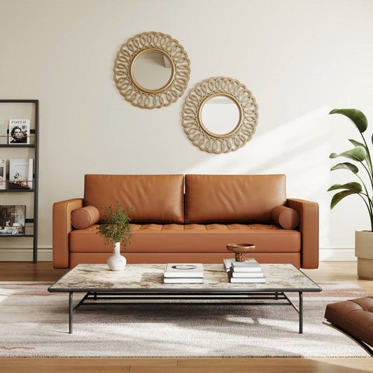 Terracotta Upholstered Faux Leather Sofa w/ Pillows Solid Hardwood Legs-0