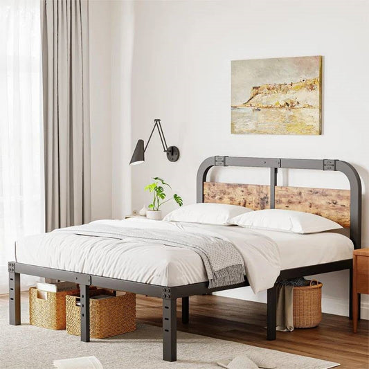 Queen Heavy Duty Black Metal Bed Frame with Solid Wood Panel Headboard-0