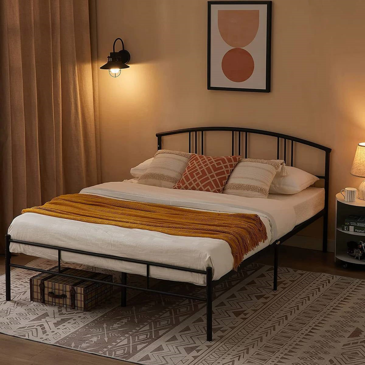 Queen size Black Metal Platform Bed Frame with Arched Headboard-3