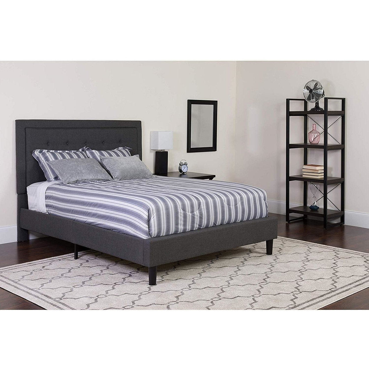 Queen size Dark Gray Fabric Upholstered Platform Bed Frame with Headboard-1