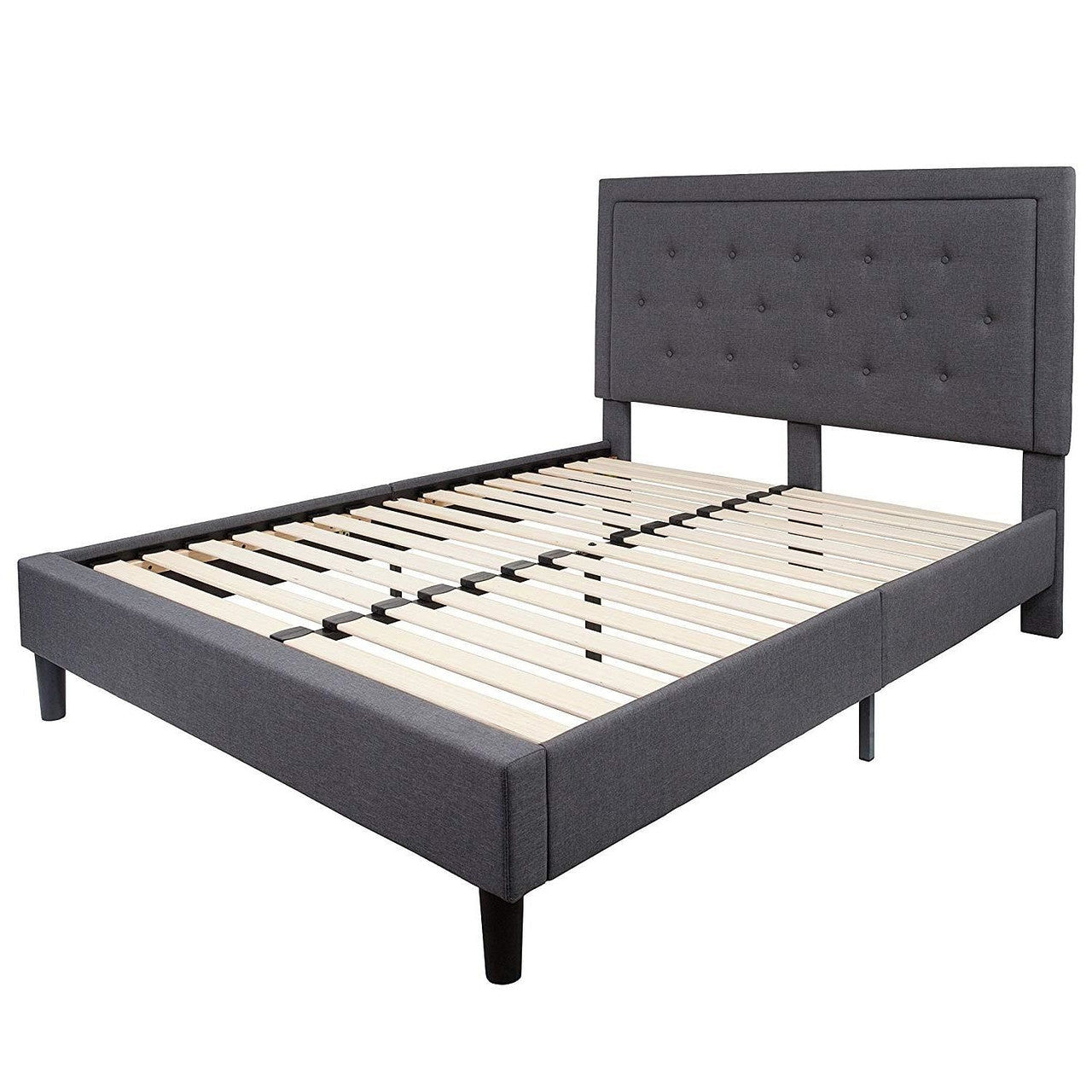 Queen size Dark Gray Fabric Upholstered Platform Bed Frame with Headboard-2