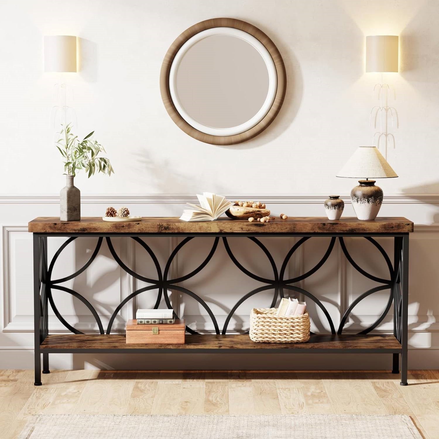 Modern 70-inch Long Narrow Console Sofa Table with Brown Wood Top and Shelf-2