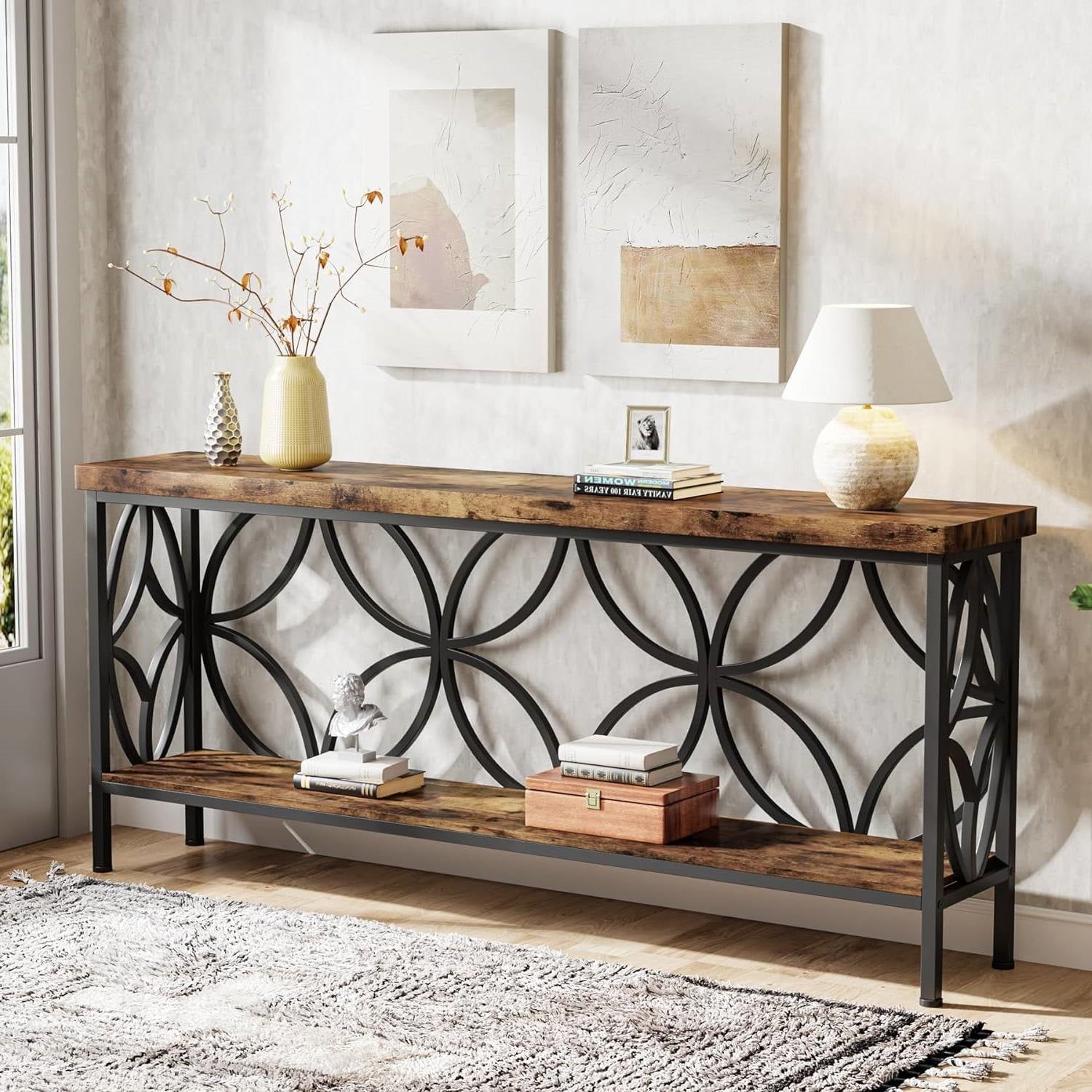Modern 70-inch Long Narrow Console Sofa Table with Brown Wood Top and Shelf-3