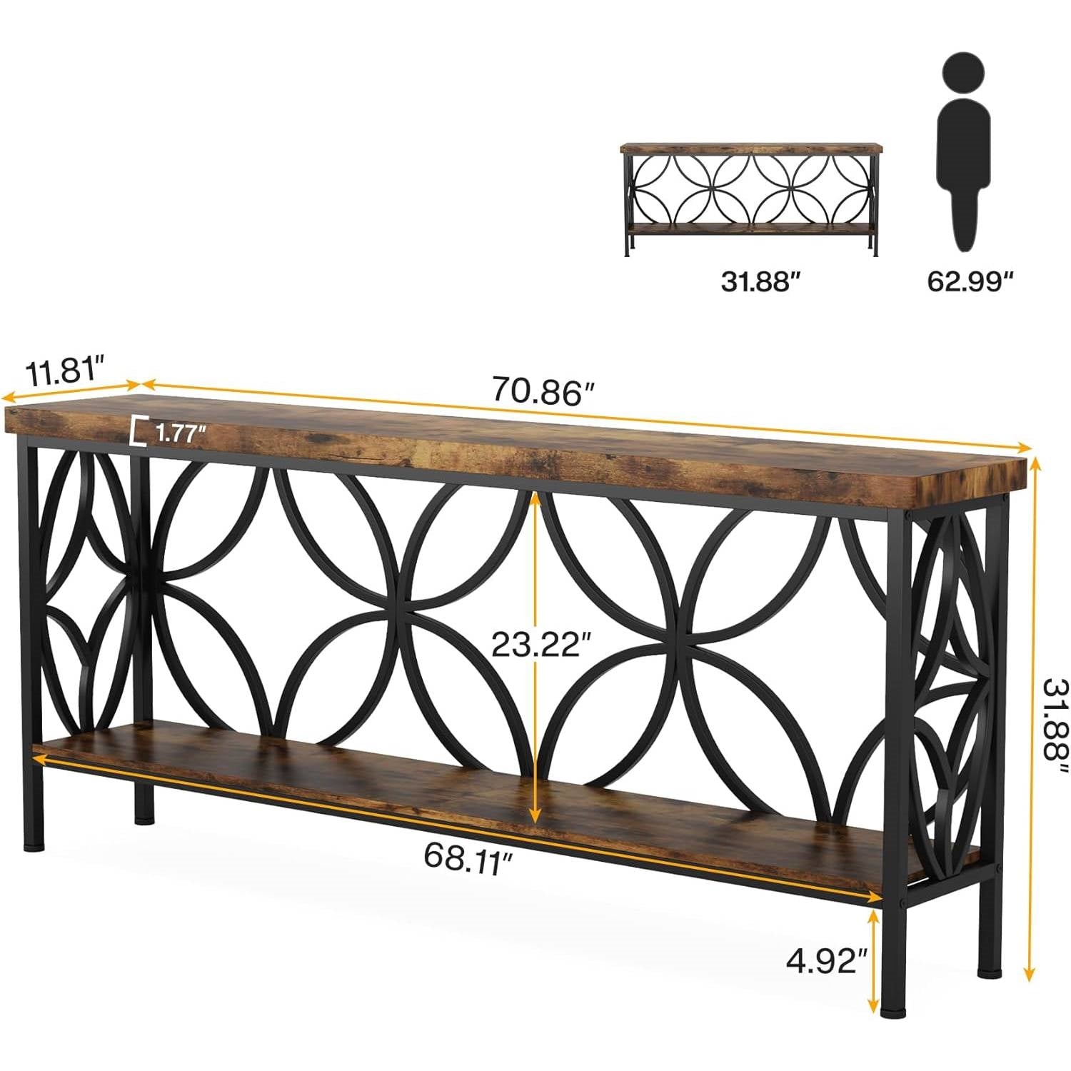 Modern 70-inch Long Narrow Console Sofa Table with Brown Wood Top and Shelf-4