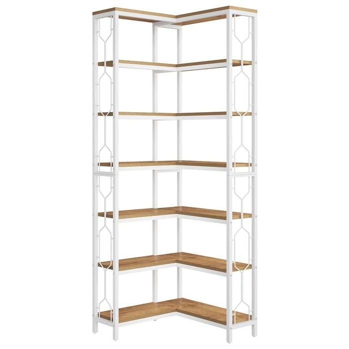 Industrial 7-Tier Metal/Wood Corner Bookcase in White/Natural-0