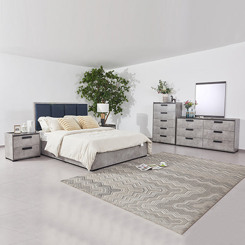 NNEDSZ Queen 5 Pcs Bedroom Suite Fabric Upholstery MDF Combination of Black & Cement Colour-0
