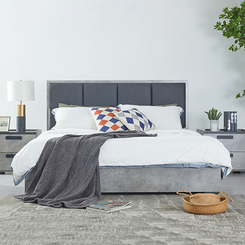NNEDSZ Queen 5 Pcs Bedroom Suite Fabric Upholstery MDF Combination of Black & Cement Colour-1