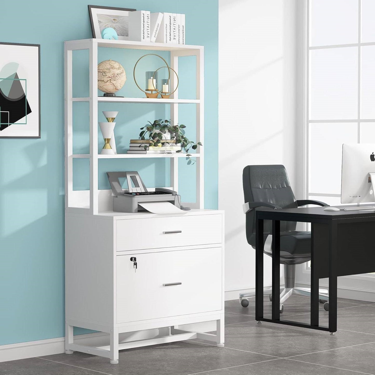 Home Office Lockable 2 Drawer Filing Cabinet Bookshelf in White Wood Finish-1
