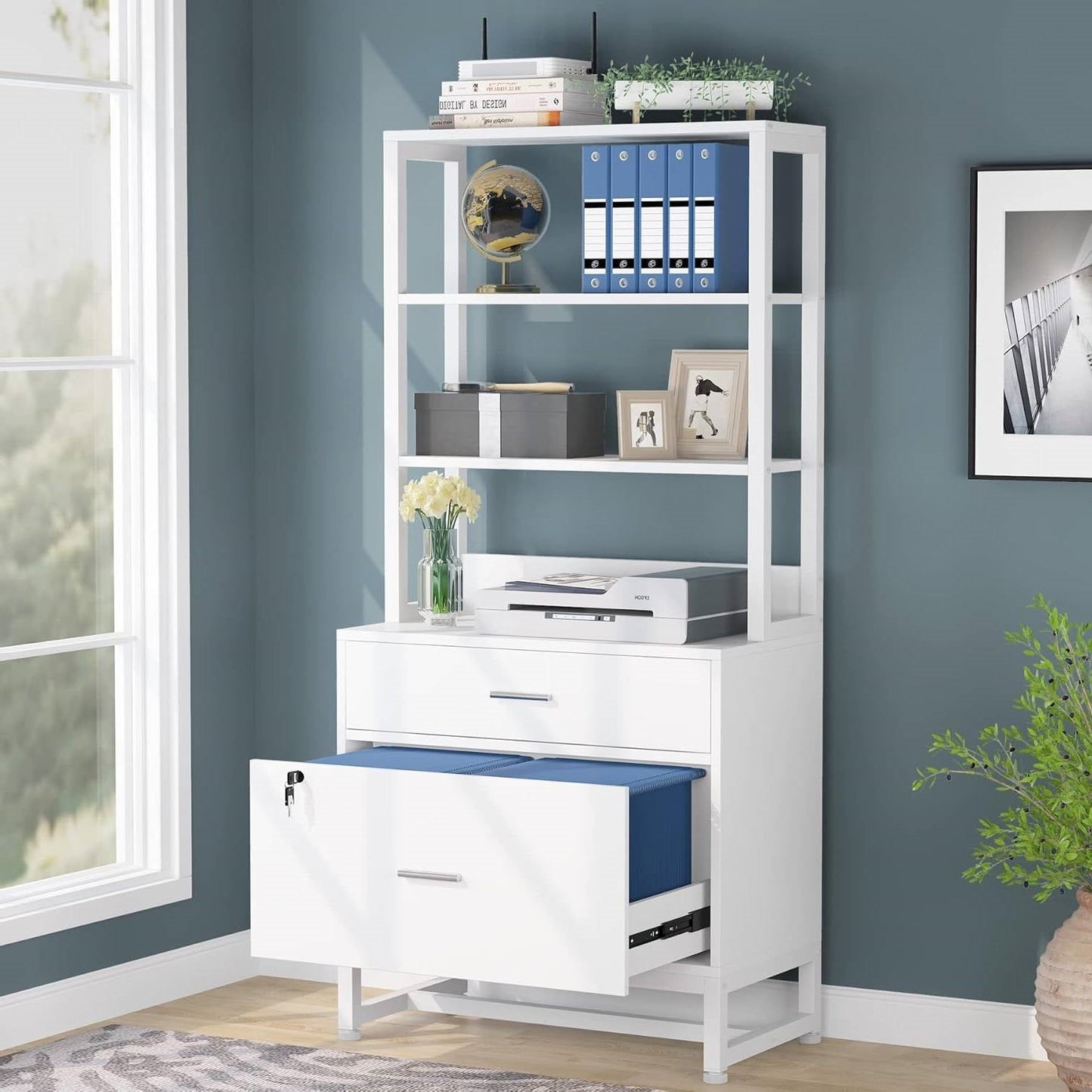 Home Office Lockable 2 Drawer Filing Cabinet Bookshelf in White Wood Finish-2