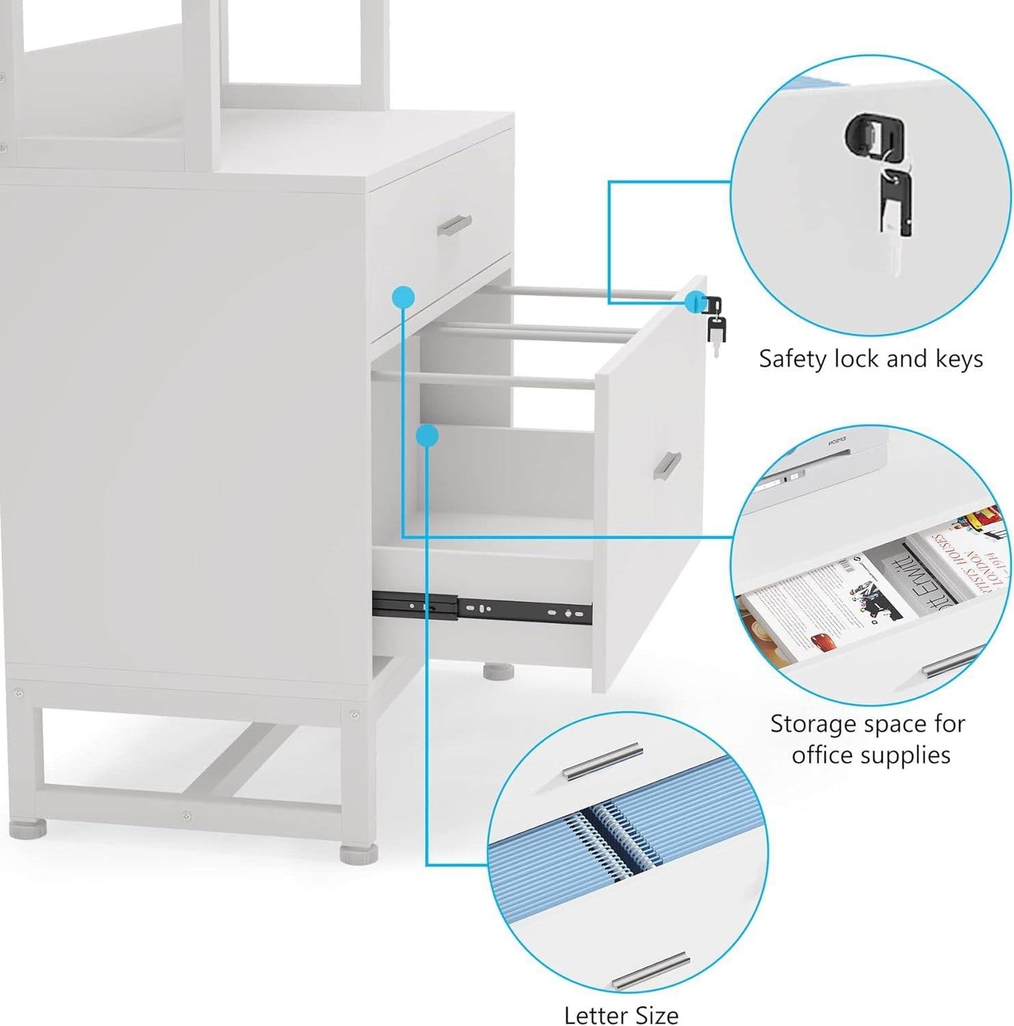 Home Office Lockable 2 Drawer Filing Cabinet Bookshelf in White Wood Finish