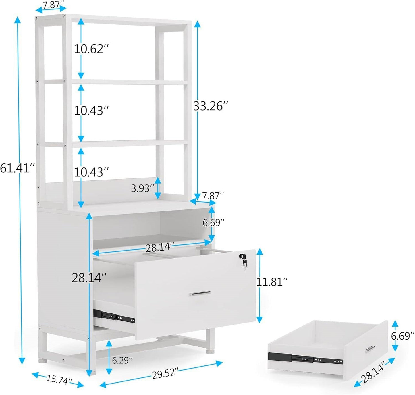 Home Office Lockable 2 Drawer Filing Cabinet Bookshelf in White Wood Finish