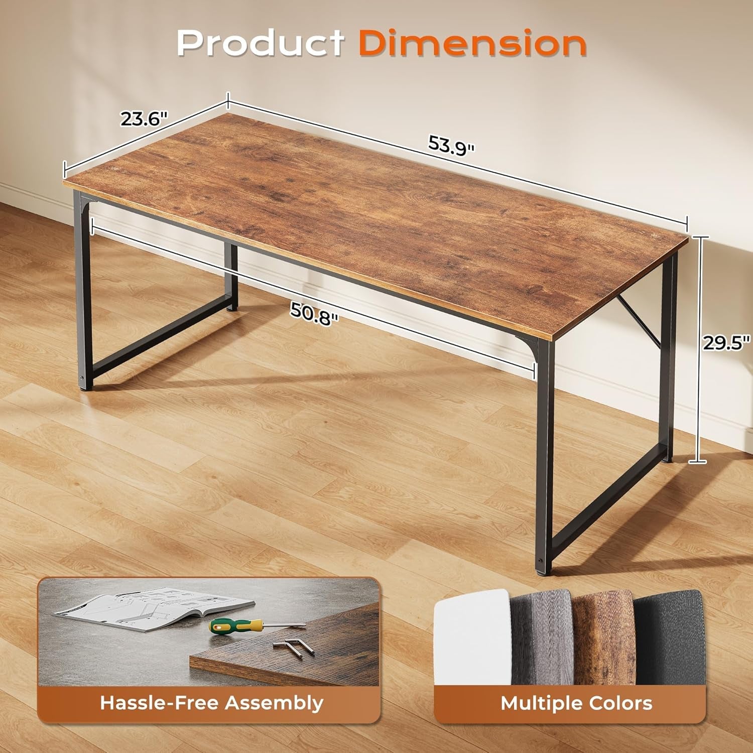 55Inch Computer Desk Deep Desktop Rustic Brown Metal Frame-1