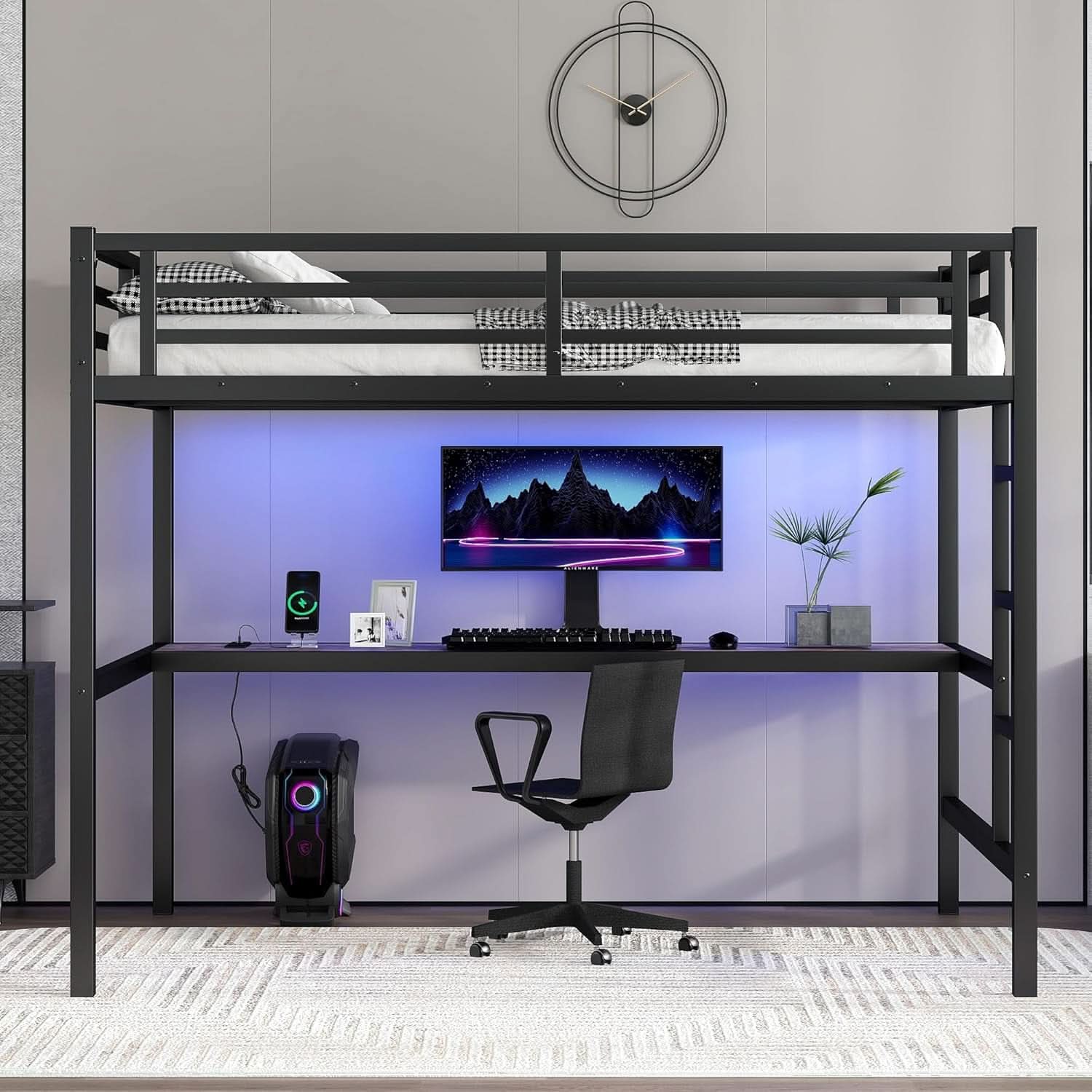 Full Size Metal Loft Bed Desk With Integrated USB Charging Black-2