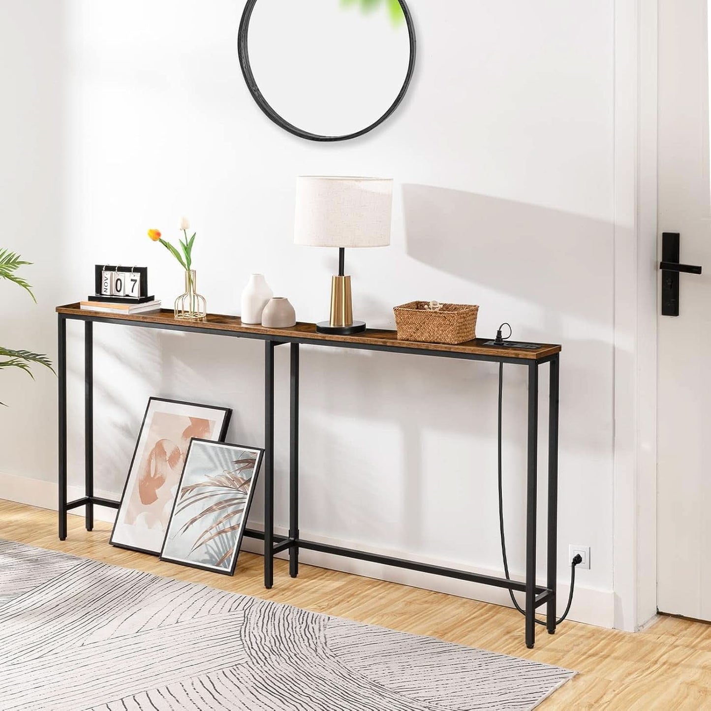 Rustic Brown Narrow Console Table Charging Station-3