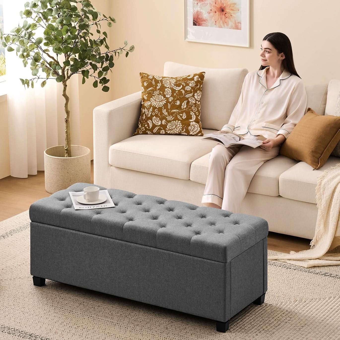 47.2 Inch Storage Ottoman Bench Light Grey Upgraded-3