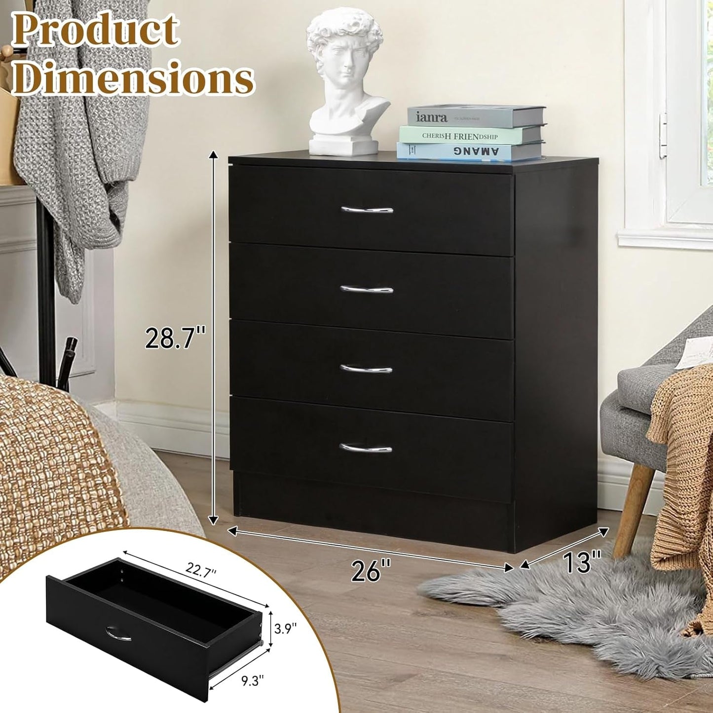 Black Four Drawer Dresser for Bedroom Organization-2