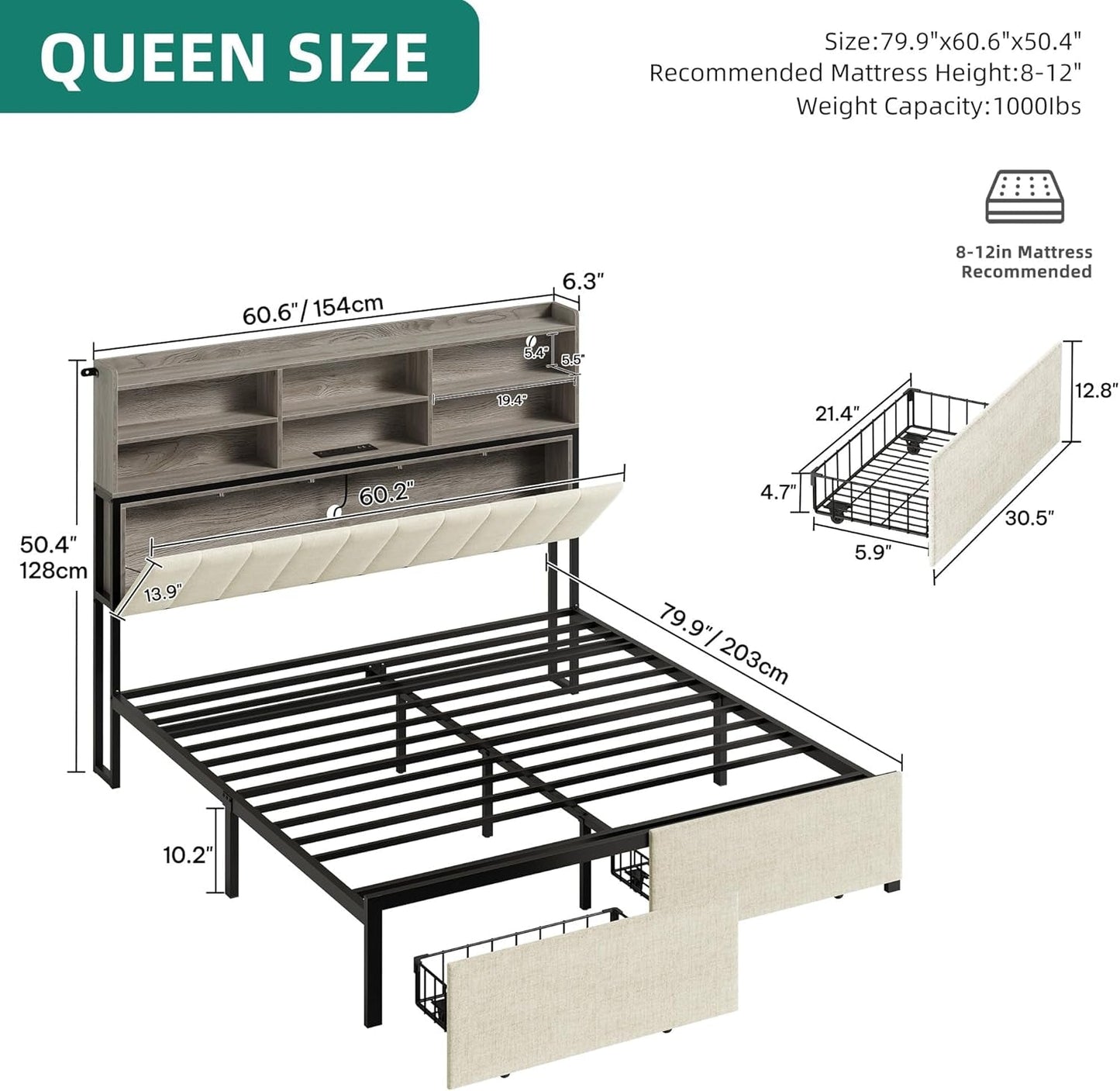 Queen Bed Frame With Two Tier Storage Cabinets Beige-1