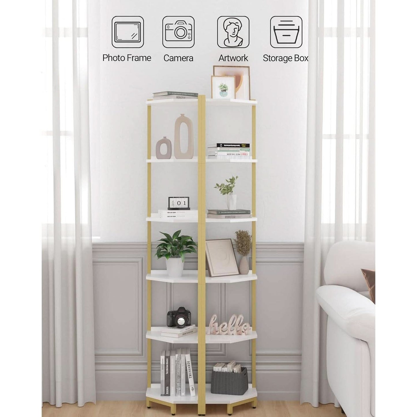 6-Tier Corner Shelf Stand White Gold Finish For Living Room-3