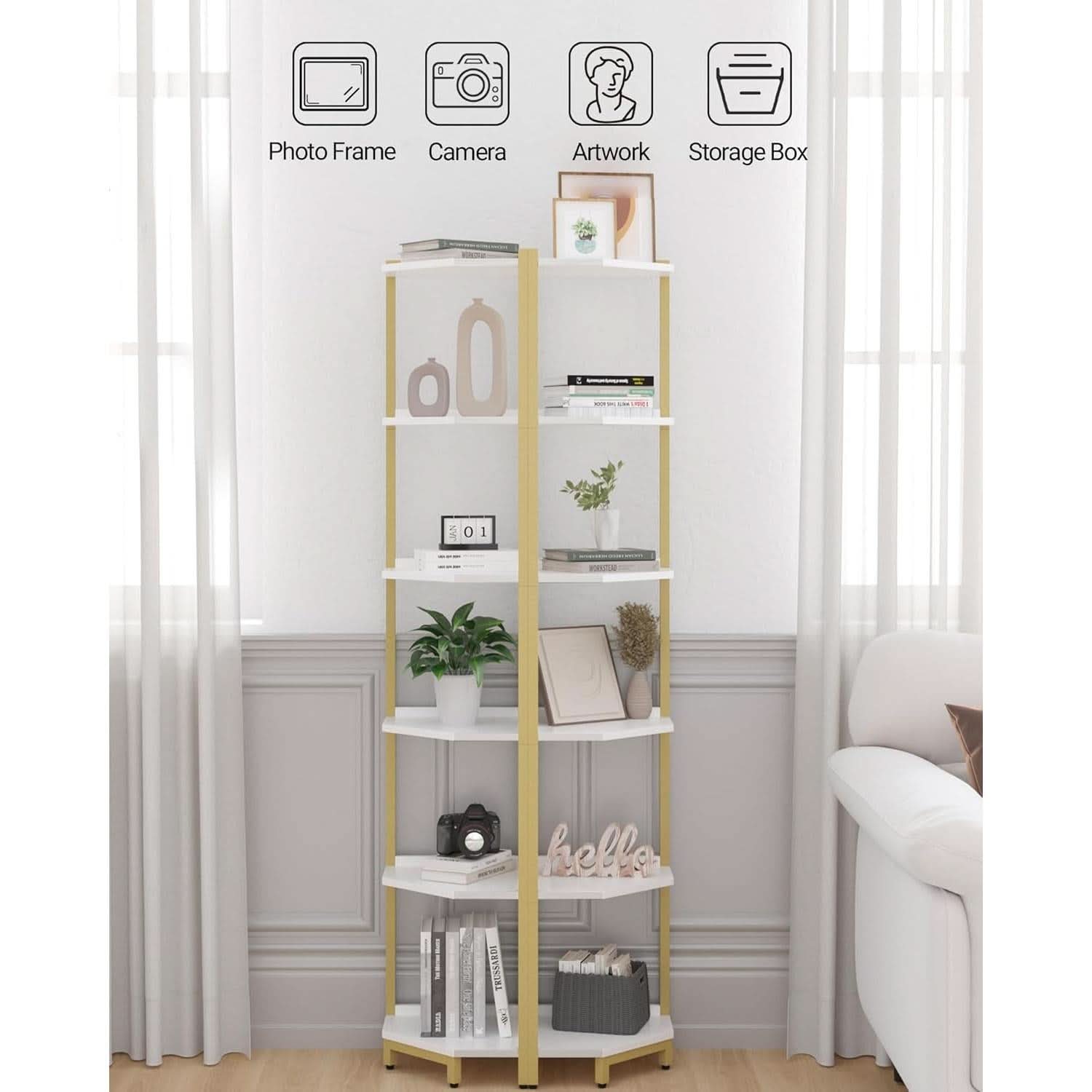 6-Tier Corner Shelf Stand White Gold Finish For Living Room-3