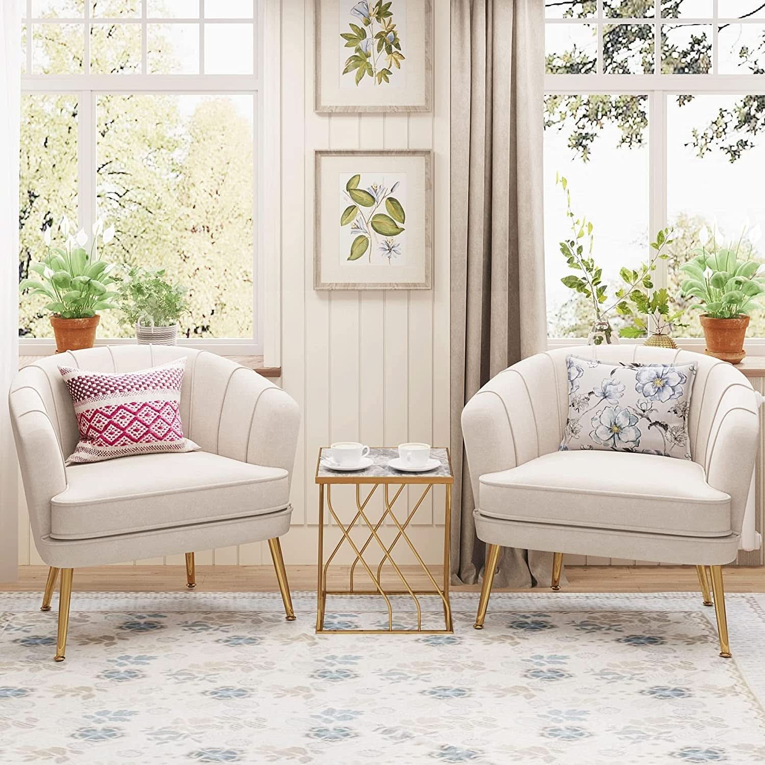 Modern Beige Velvet Accent Chair With Gold Metal Legs-1