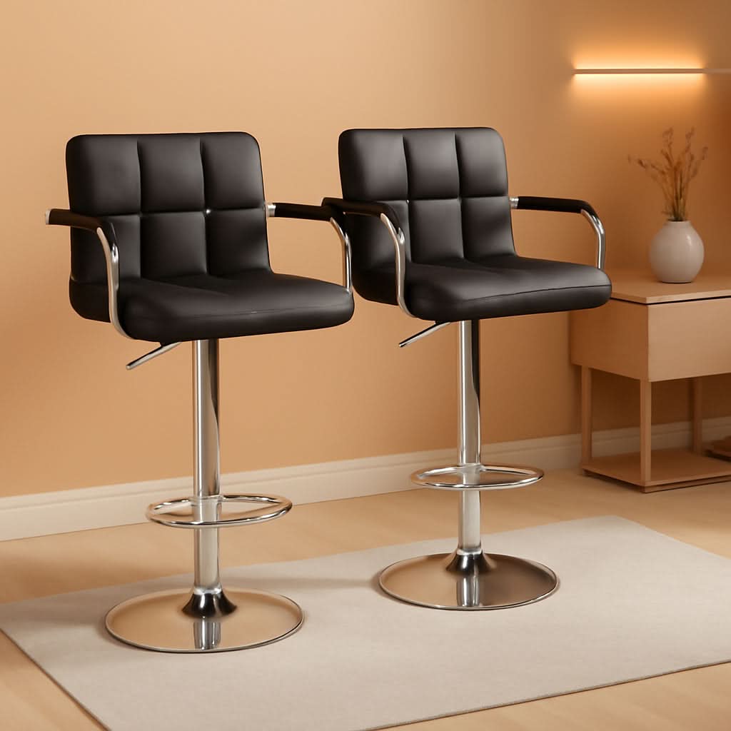 Bar Stools Set Of 2 Adjustable PU Leather Black Swivel-0