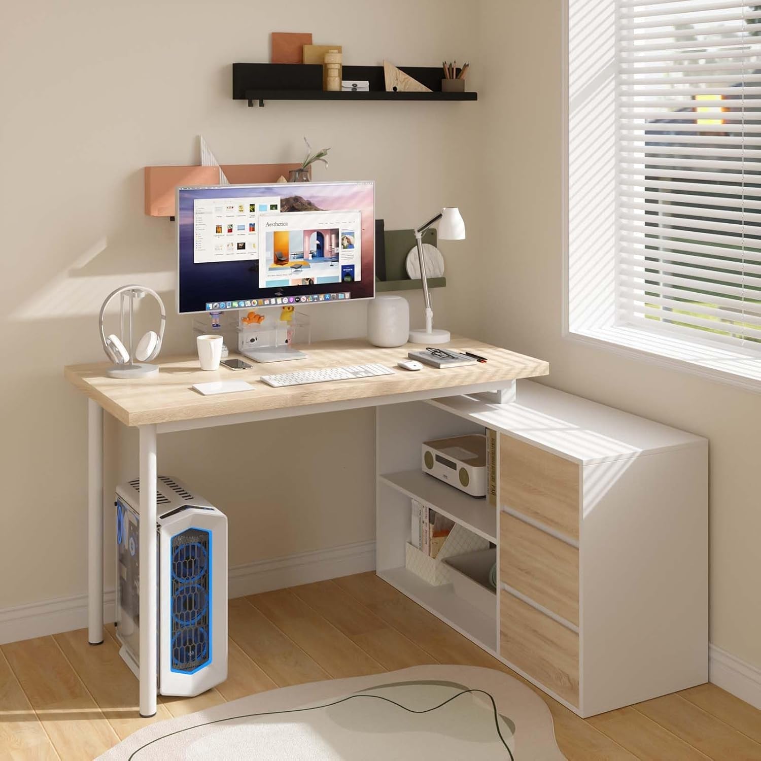 L Shaped Desk 47Inch White Walnut Home Office Storage-2