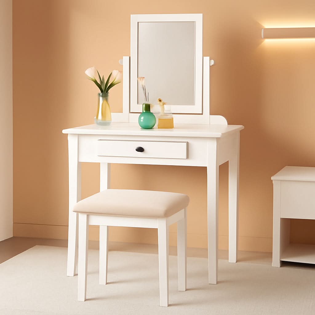White Transitional Vanity Table and Stool Set for Bedroom-0