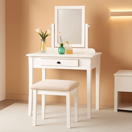 White Transitional Vanity Table and Stool Set for Bedroom-0