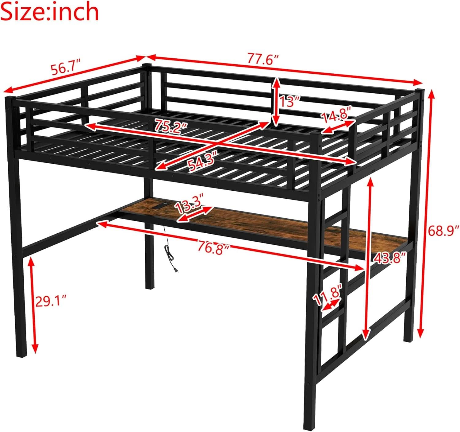 Full Size Metal Loft Bed Desk With Integrated USB Charging Black-1