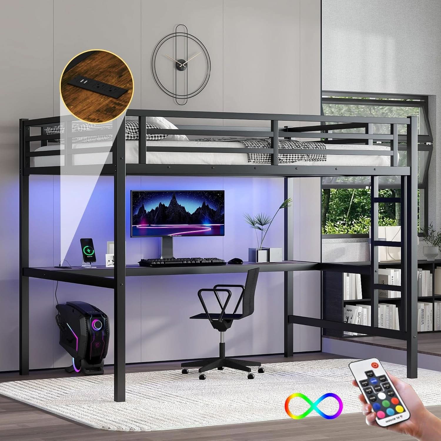 Full Size Metal Loft Bed Desk With Integrated USB Charging Black-3