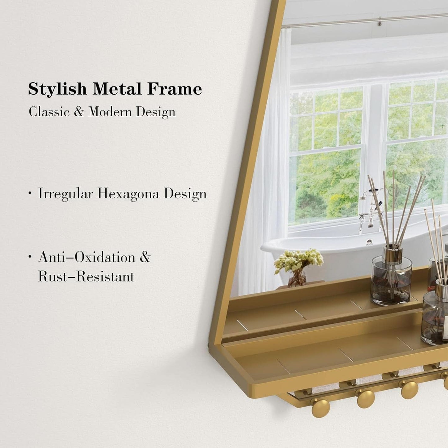 Goldtone Hexagonal Wall Mirror 26x20Inches With Shelf-3