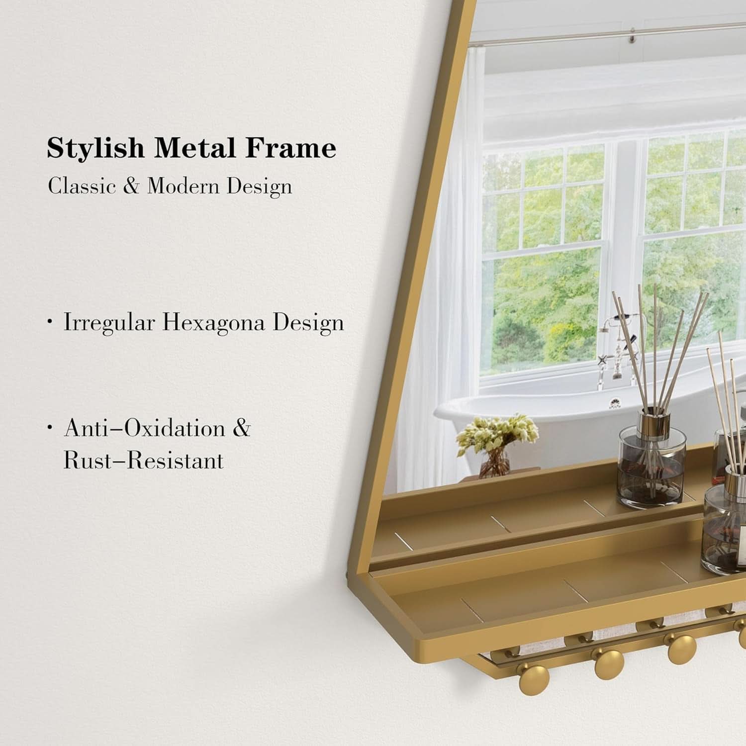 Goldtone Hexagonal Wall Mirror 26x20Inches With Shelf-3