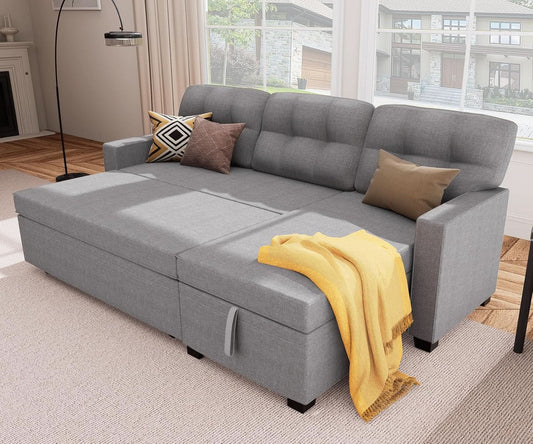 Reversible Sectional Sofa Couch, Sleeper Sofa Bed with Storage Chaise Pull Out Couch for Living Room | Hidden Stroge | Pull Out Bed | Removable Backrest | Linen Fabric, Light Grey-0