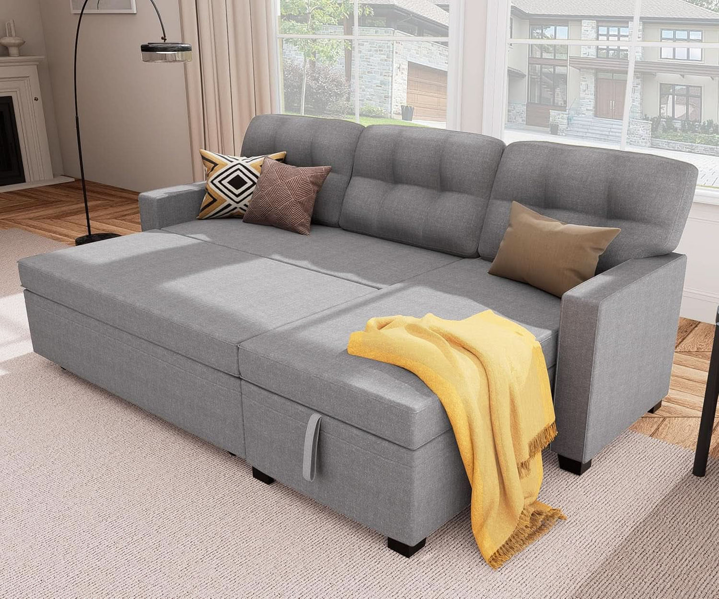 Reversible Sectional Sofa Couch, Sleeper Sofa Bed with Storage Chaise Pull Out Couch for Living Room | Hidden Stroge | Pull Out Bed | Removable Backrest | Linen Fabric, Light Grey-0