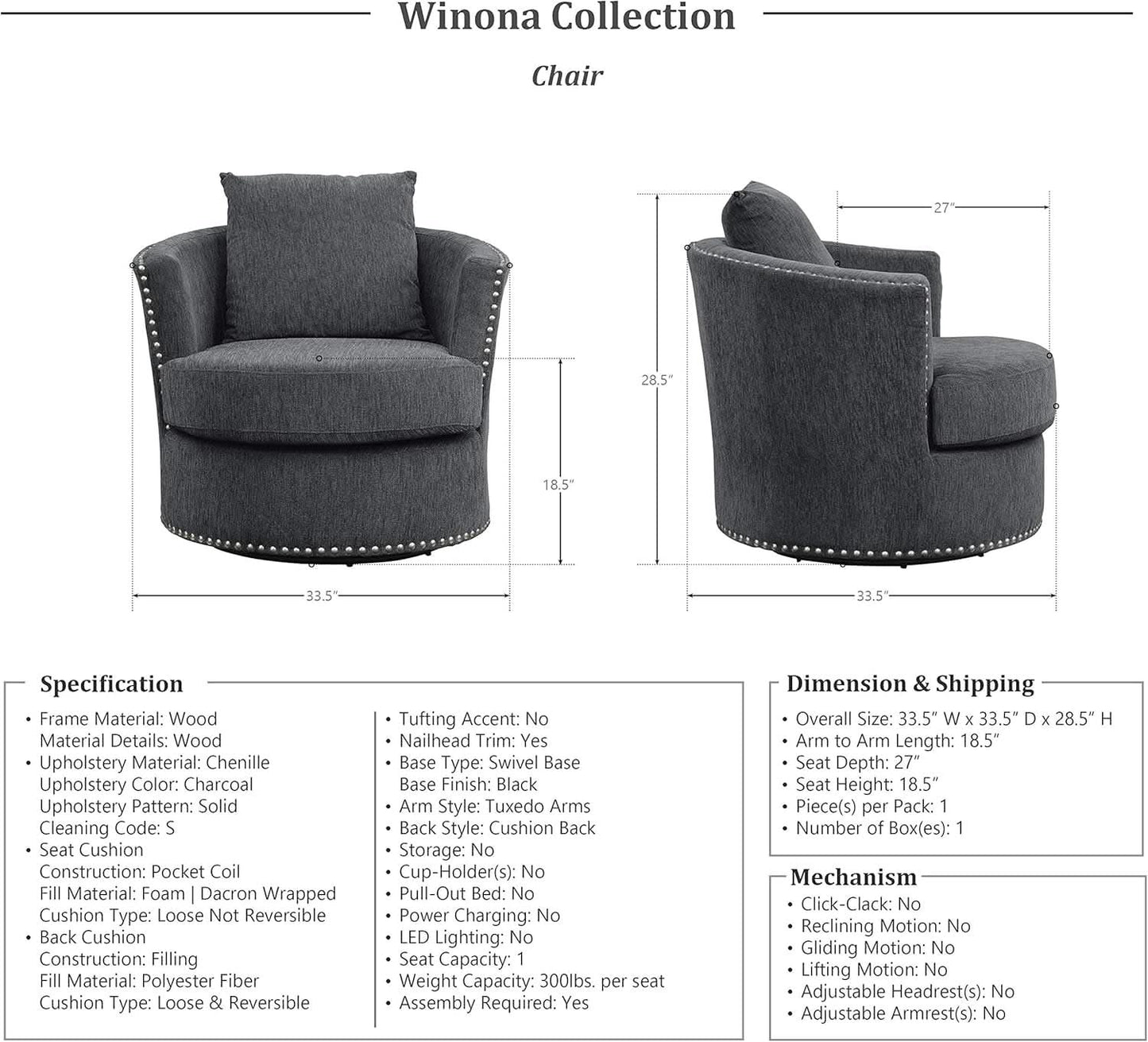 Charcoal 3 Piece Living Room Set With Chenille Upholstery-1
