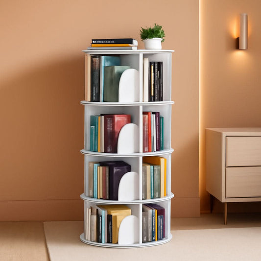 4 Tier Rotating Bookshelf Tower White Spinning Bookcase-0
