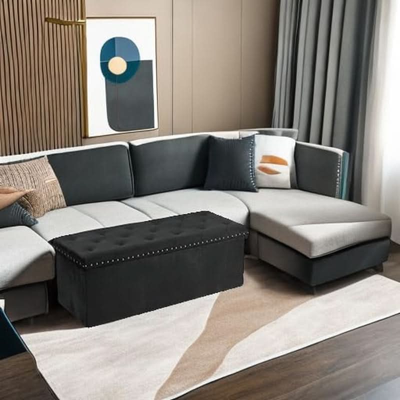 Black Premium Velvet Storage Ottoman Bench Bedroom-4