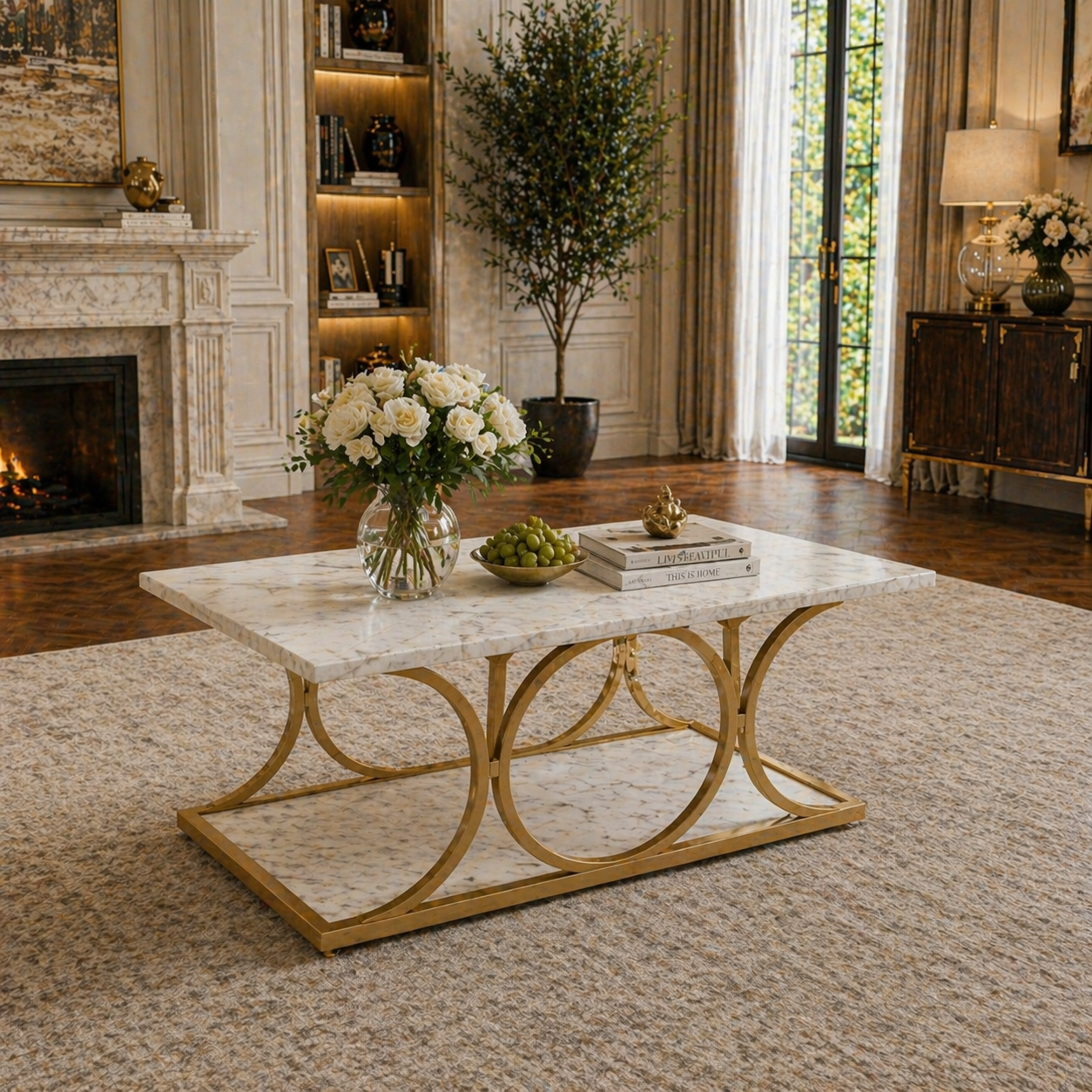 130" L-Shaped Cloud Sectional Sofa with Faux Marble Coffee Table 2-Piece Living Room Bundle White/Gold-4
