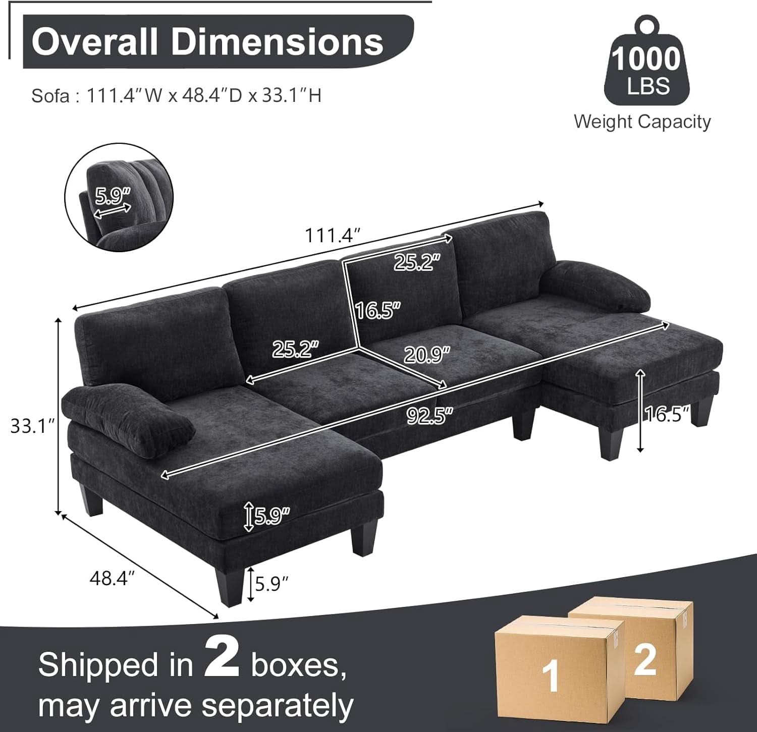 U Shape Sectional Sofa 111 Inch Black Living Room Setup-1