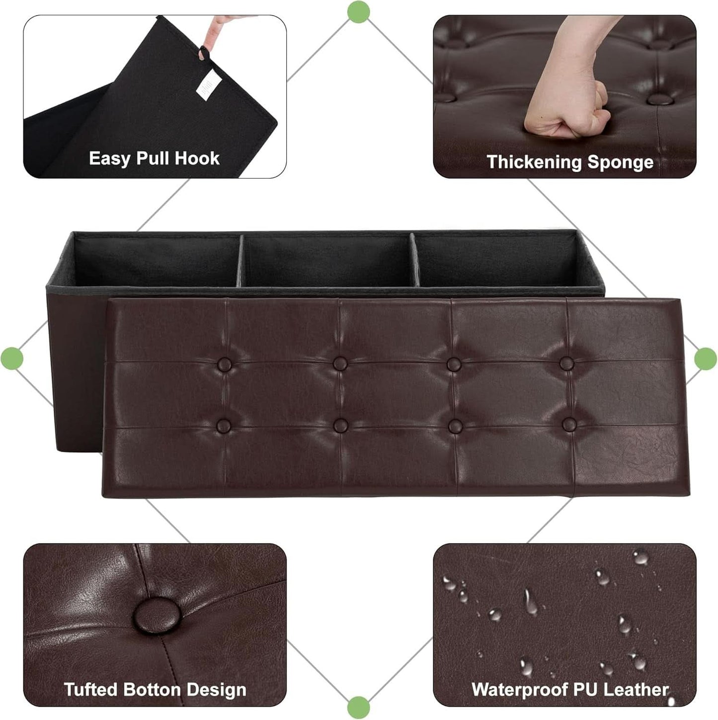 Forty Three Inches Folding Storage Ottoman Bench Brown Leather-4