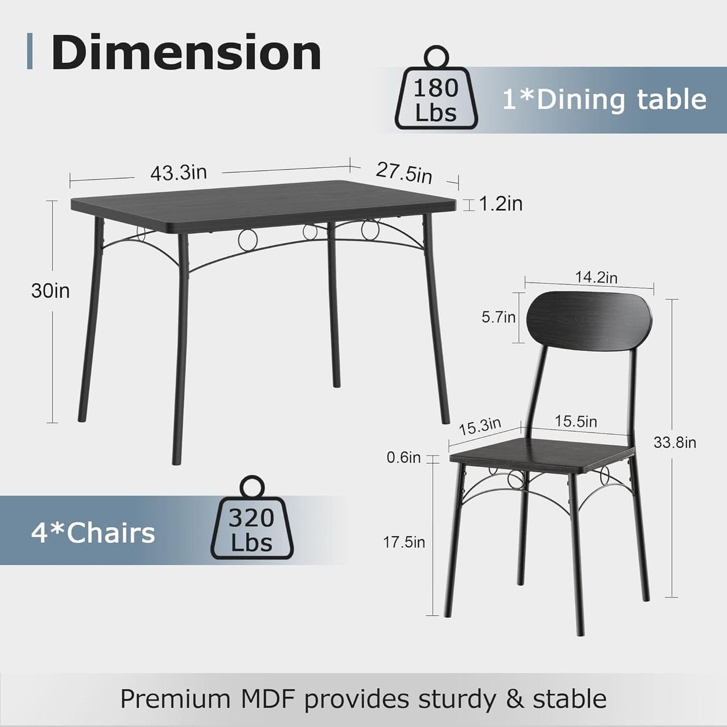 Black MDF Space Saving Dining Room Table Set With Chairs For Four-1