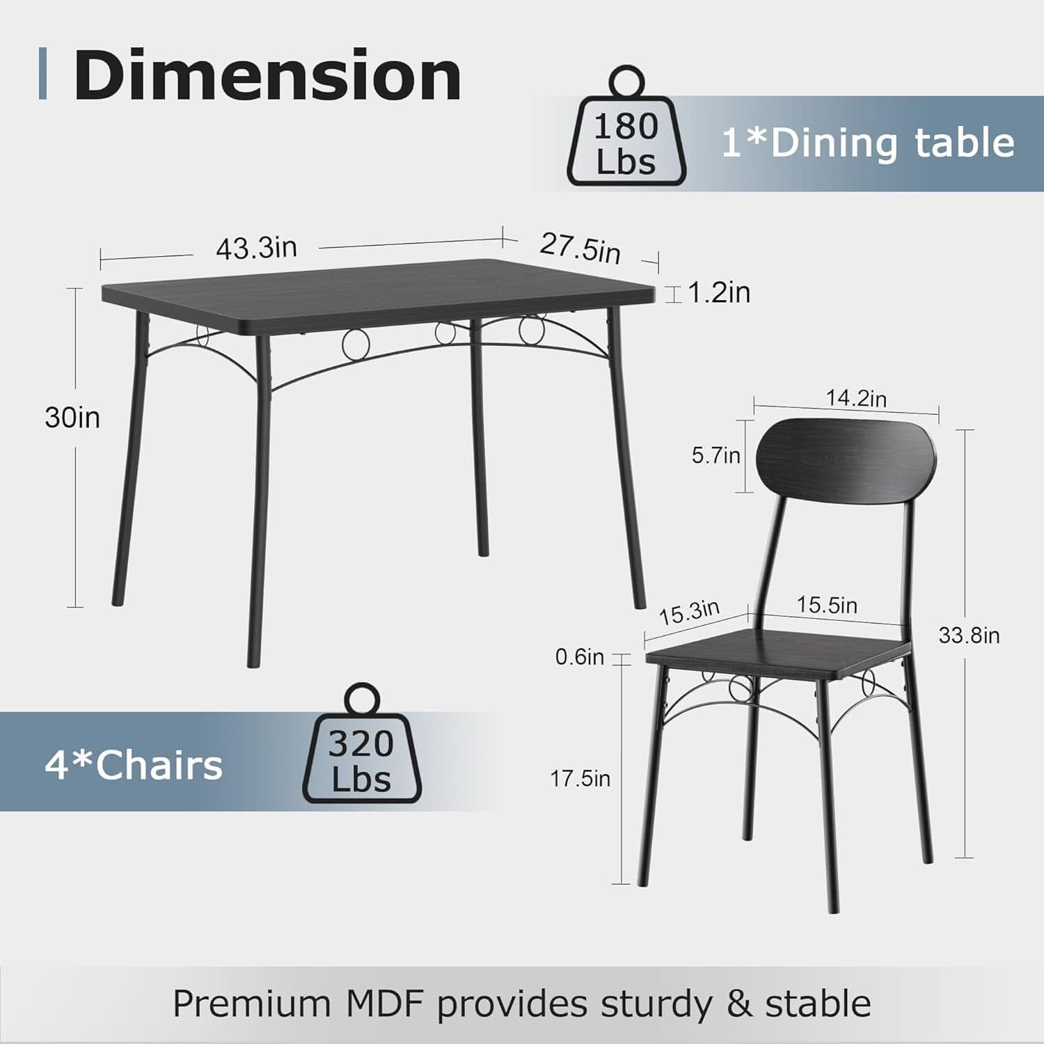 Black MDF Space Saving Dining Room Table Set With Chairs For Four-1