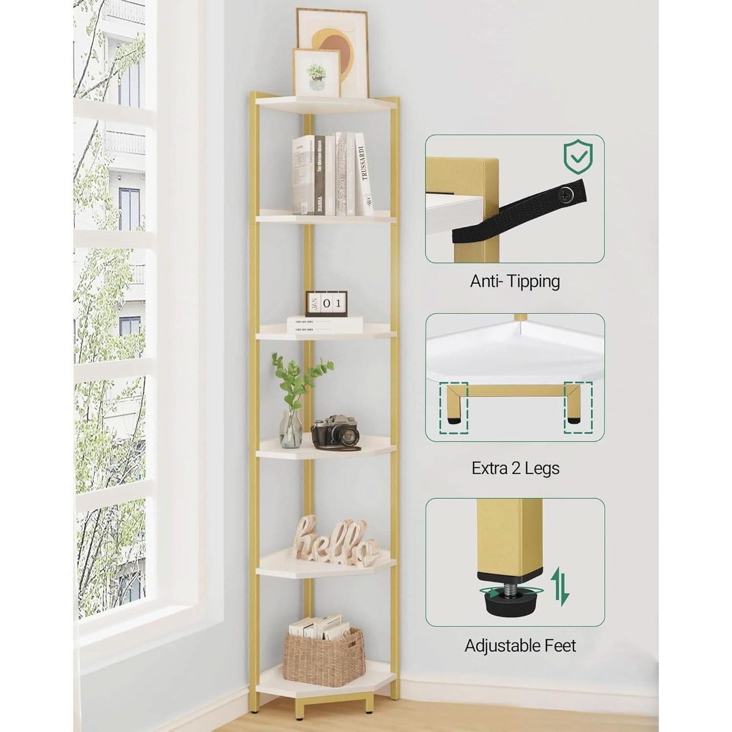 6-Tier Corner Shelf Stand White Gold Finish For Living Room-2