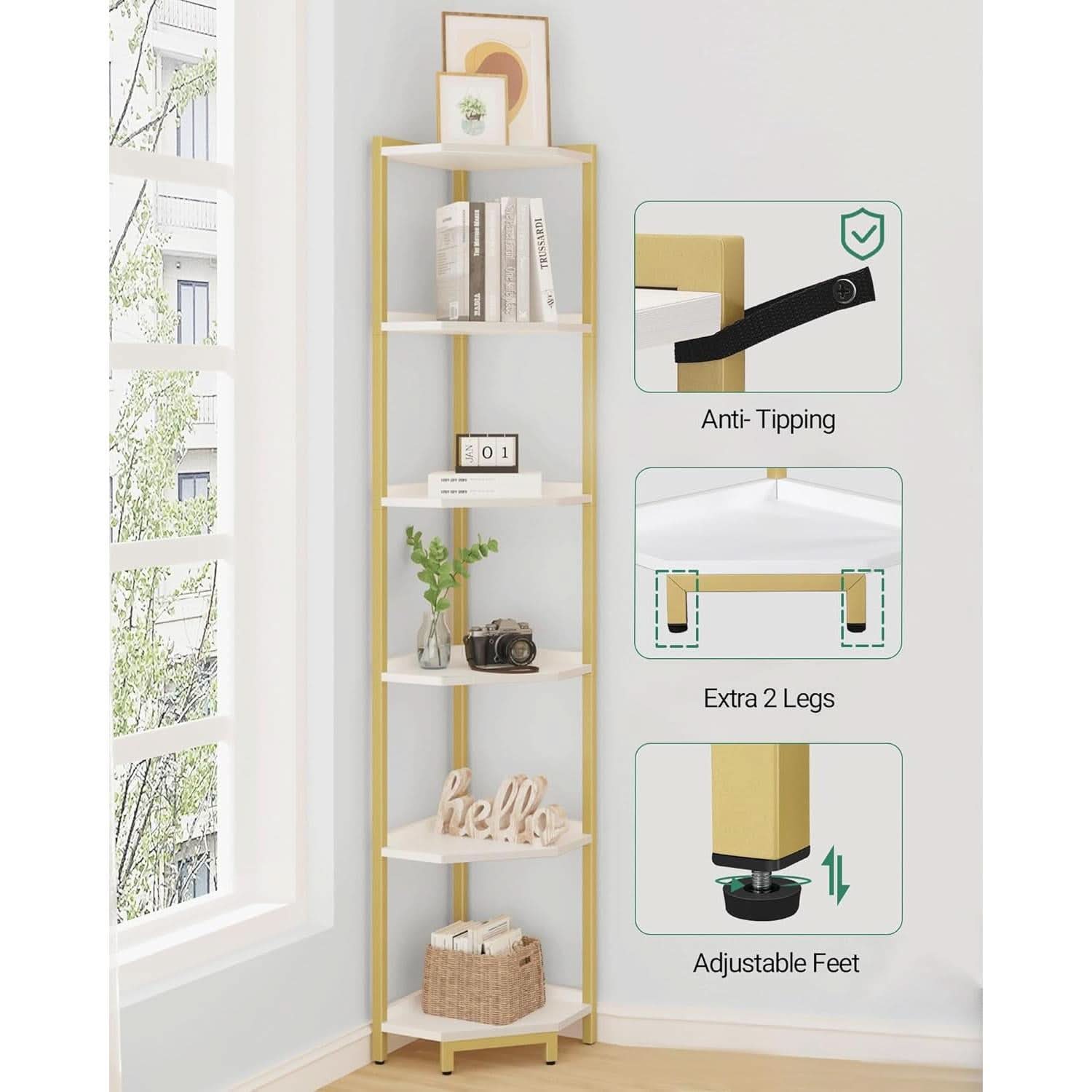 6-Tier Corner Shelf Stand White Gold Finish For Living Room-2