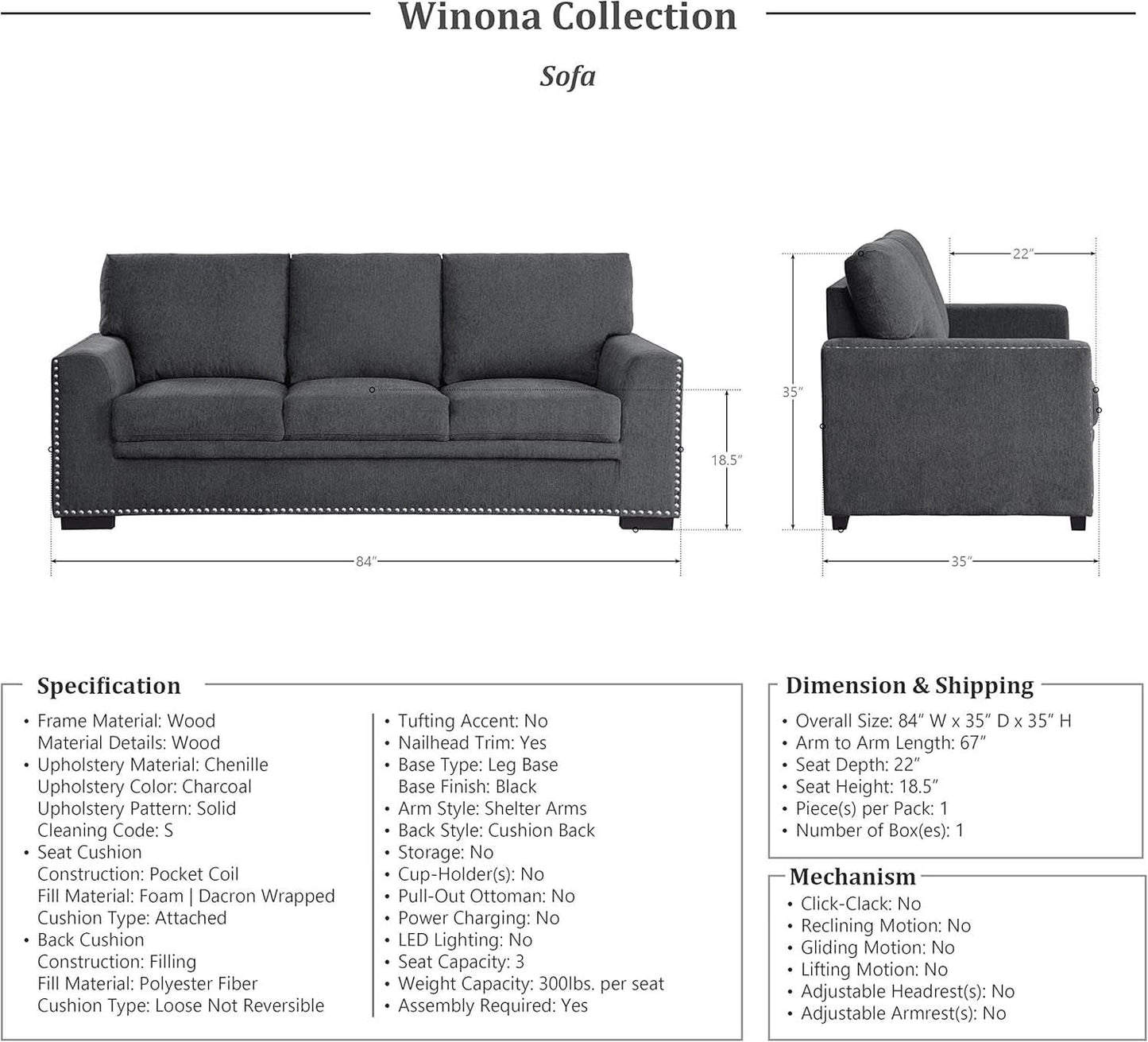 Charcoal 3 Piece Living Room Set With Chenille Upholstery-3