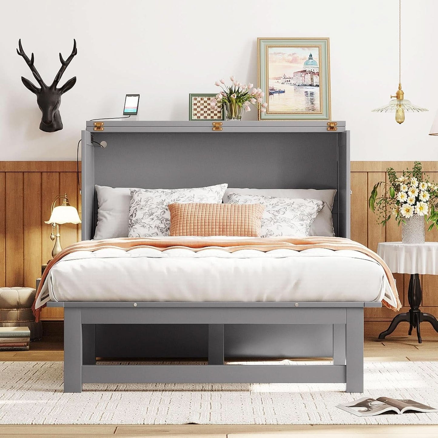 Gray Full Size Murphy Bed With Foldable Integrated USB Port Shelves-2