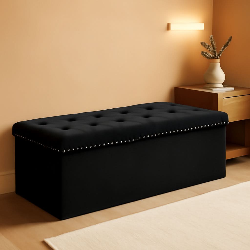Black Premium Velvet Storage Ottoman Bench Bedroom-0