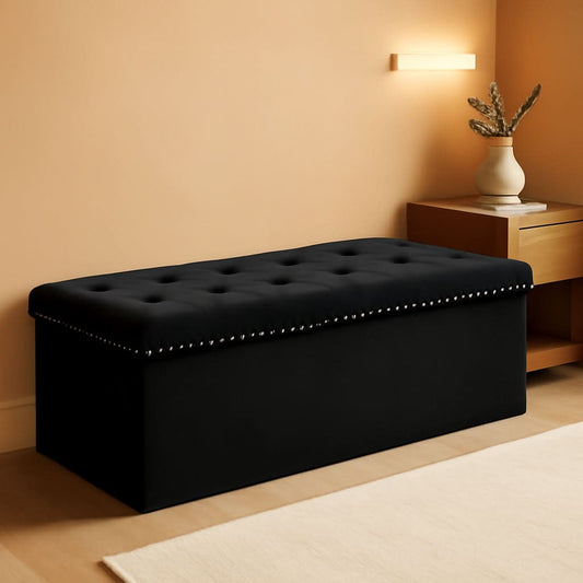 Black Premium Velvet Storage Ottoman Bench Bedroom-0
